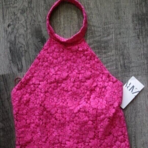 NWT Zara Pink Midi Dress Size Large Length Fuchsia Lace Halter Open Back - Picture 6 of 12